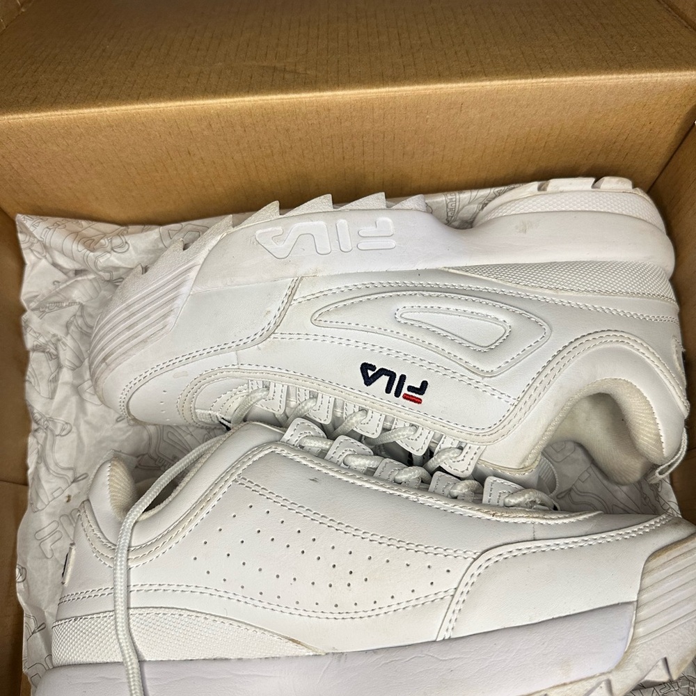FILA Kid’s White Leather Sneakers with Navy & Red Logo